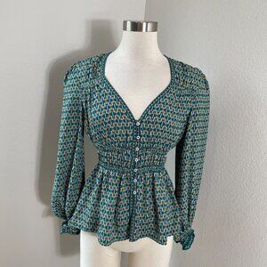 Max Studio Womens Small Geometric V Neck Peplum Blouse Teal White Yellow Shirt‎